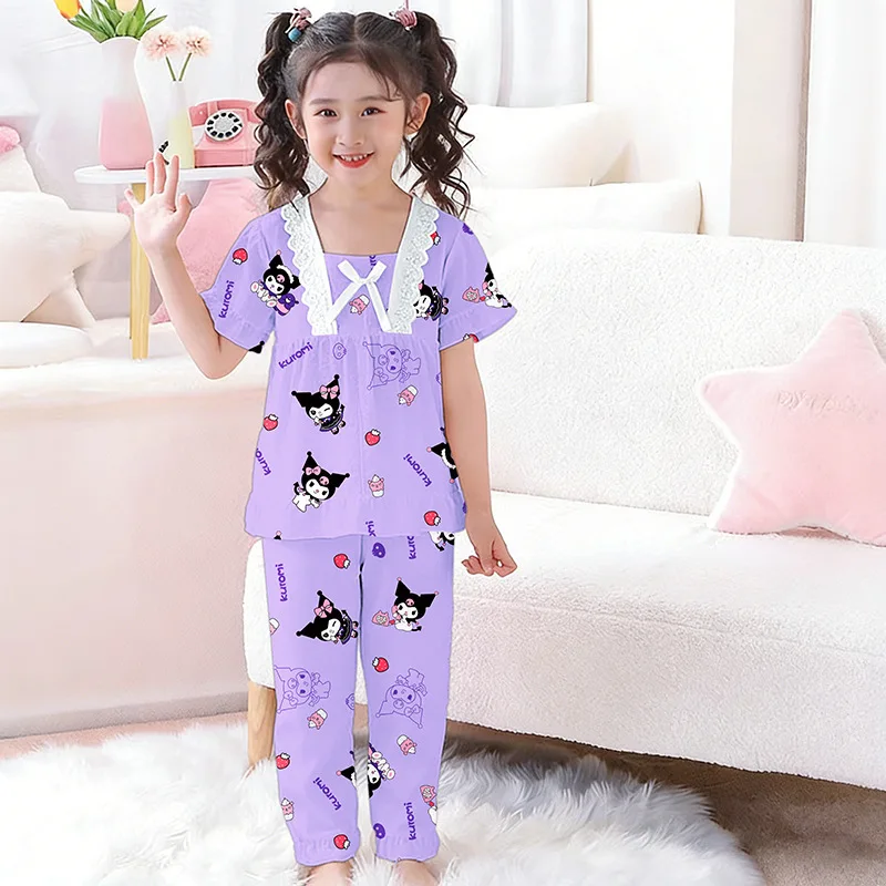 

Корейский детский летний пижамный комплект Kuromi для девочек, тонкие мягкие удобные пижамы Sanrio Hello Kitty с короткими рукавами и штанами, домашняя одежда для девочек