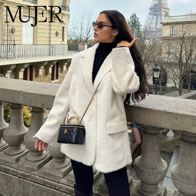 

MUJER Faux Fur Long Blazers for Women Fashion Casual Blazer Woman 2025 Outerwears Long Sleeve Jacket Women's Tailoring Blazers