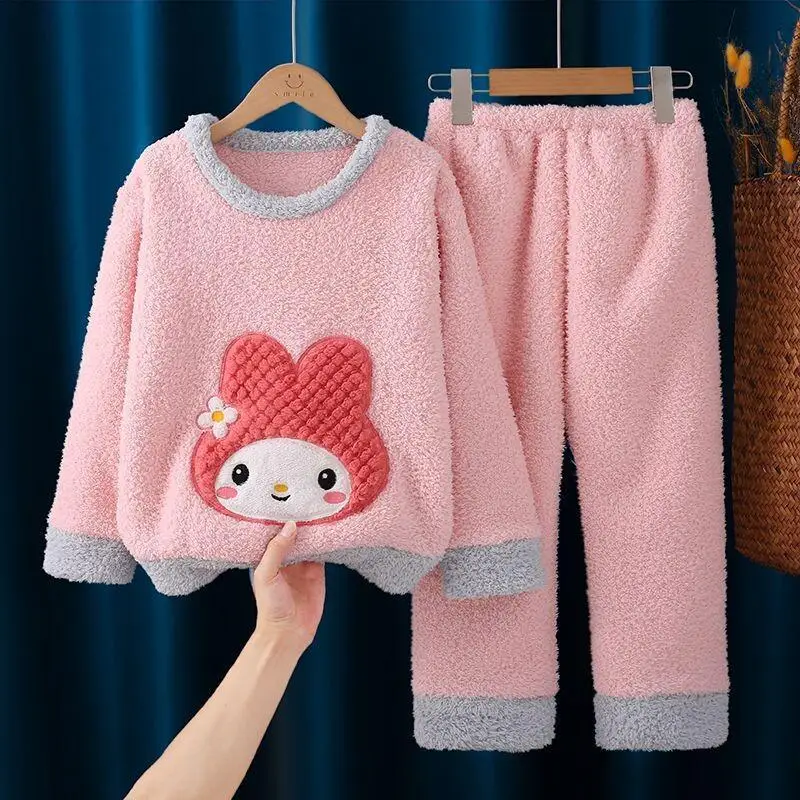 

Sanrio Hello Kitty My Melody Kids Flannel Pajamas Set Winter Coral Fleece Homewear for Girls Home Clothes Kids Sleepwear