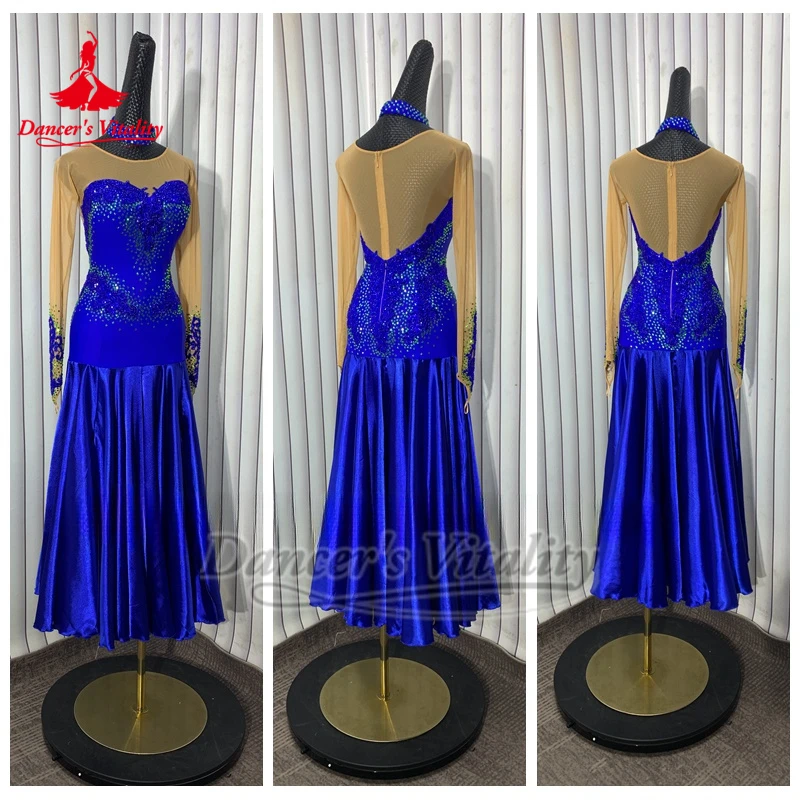 ชุดเต้นรำบอลรูมสีน้ำเงินสไตล์อเมริกันแบบพันรอบสะโพกสำหรับผู้หญิงผู้ใหญ่ ชุดวอลซ์มืออาชีพ ชุดนักเต้นสั่งตัดพิเศษ ให้ความมีชีวิตชีวา