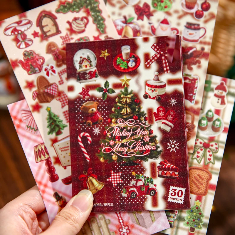 30sheets Kawaii Christmas Gift Theme Sparkling Sand Die Cutting Sticker Book DIY Scrapbooking Material Aesthetic Supplies