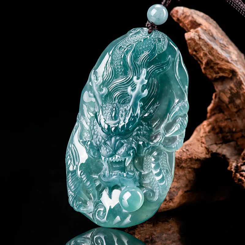 Solitary natural A-grade jade blue water domineering dragon brand atmospheric pendant ice type jade zodiac dragon men's pendant