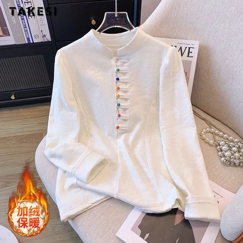 

Женская винтажная однобортная блузка, элегантная белая блузка в китайском стиле с воротником-стойкой и длинным рукавом, зима 2023