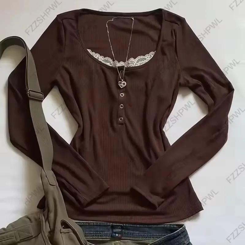 Women Harajuku Slim Fit Round Neck Printed Pin Print Casual T-shirt Women's Blouse Top Lace Trim Button Front Ribbed Knit
