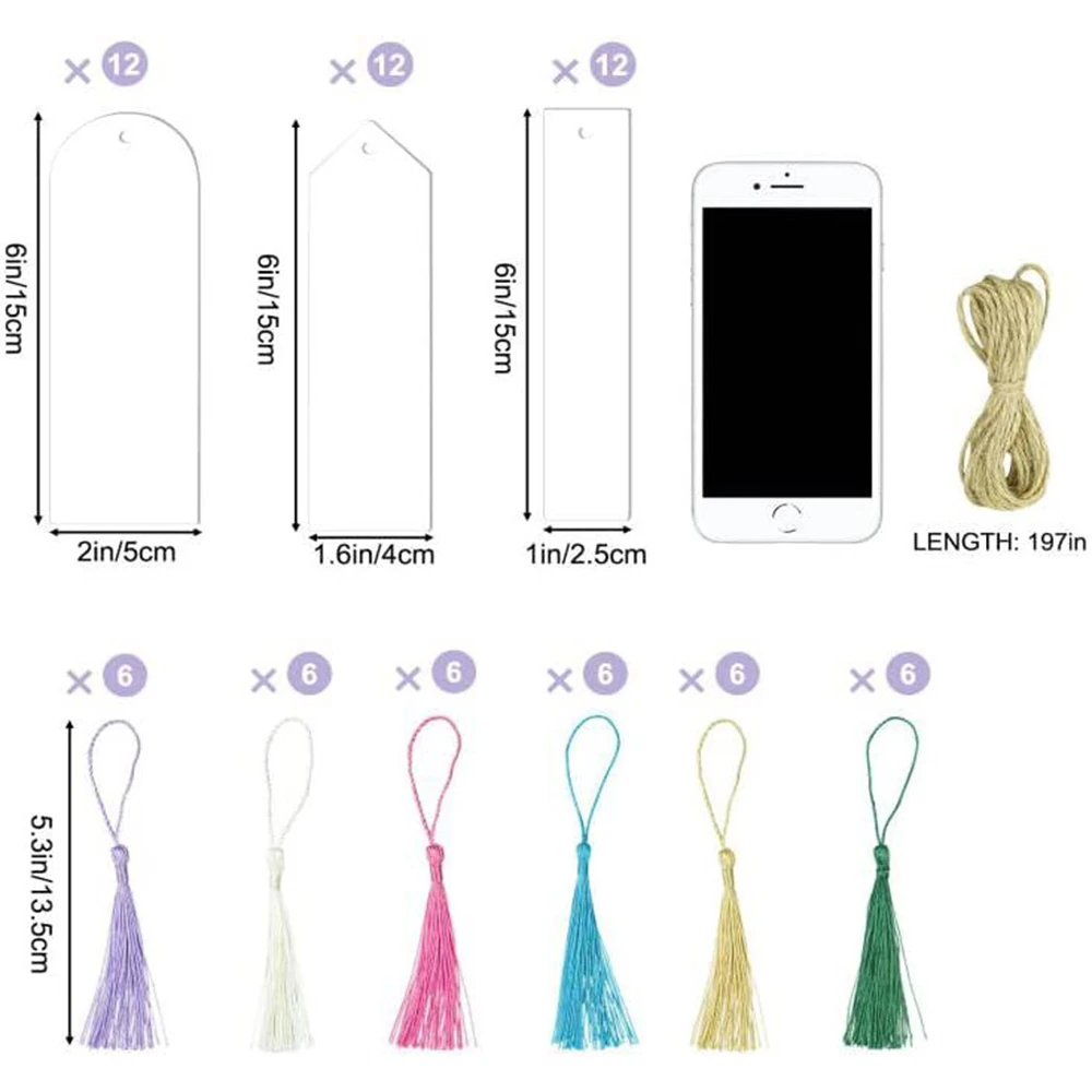 73Pcs/Set Acrylic Bookmarks Blanks Set Clear Plastic Blank Hanging Bookmark Plastic With Tassels Twine String DIY Craft