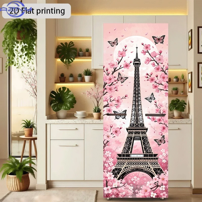 of Pink Cherry Blossom Eiffel Tower Butterfly Dance Themed Design Wall Sticker, Self-Adhesive Wallpaper Suitable for Cabinets