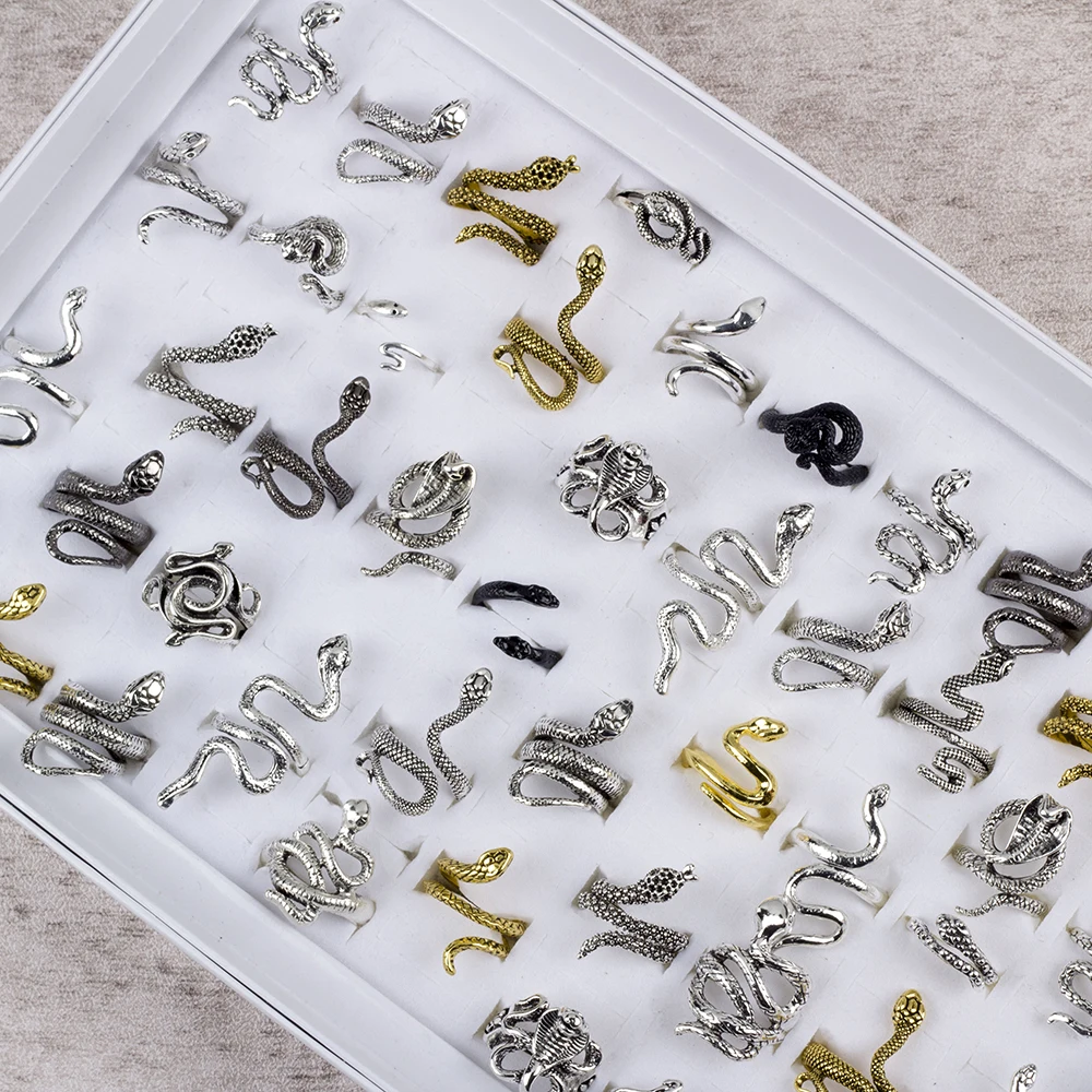 20Pcs/Lot Vintage Snake Animal Rings for Men and Women Adjustable Open Gothic Accessories Wholesale Punk Slivery Fashion Jewelry