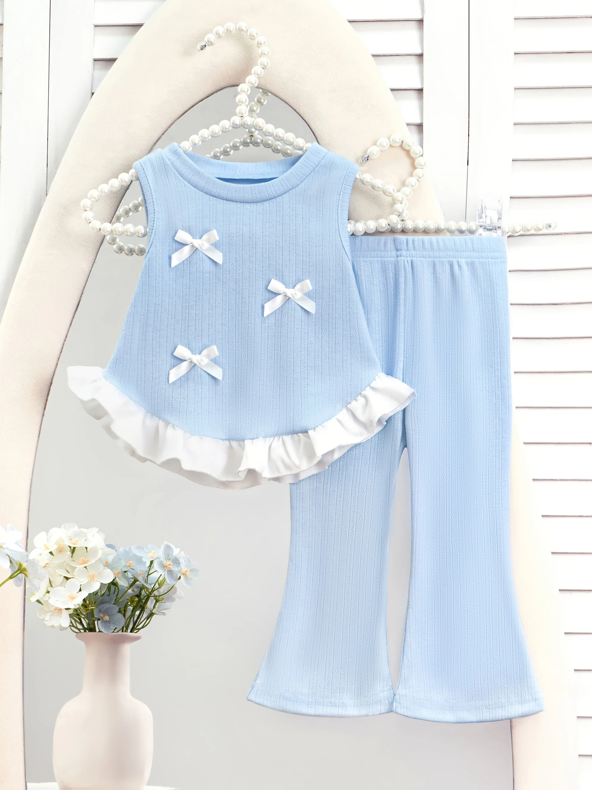 

Baby Girl Light Blue Sleeveless Ribbed 2-Piece Set - White Bows Flared Pants, Sweet Outfit Valentine & Birthday Gift