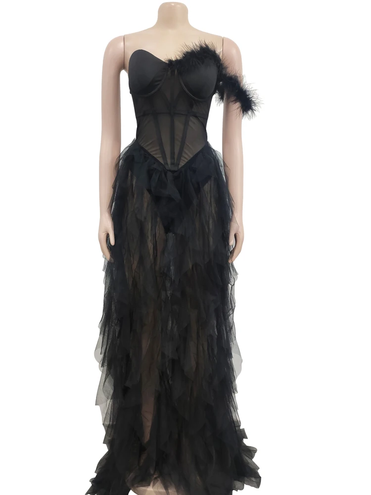 Beyprern Beautiful Ruffles Chffion Party Feather Maxi Dress elegante Sheer Mesh corsetto abiti lunghi da festa abiti da compleanno