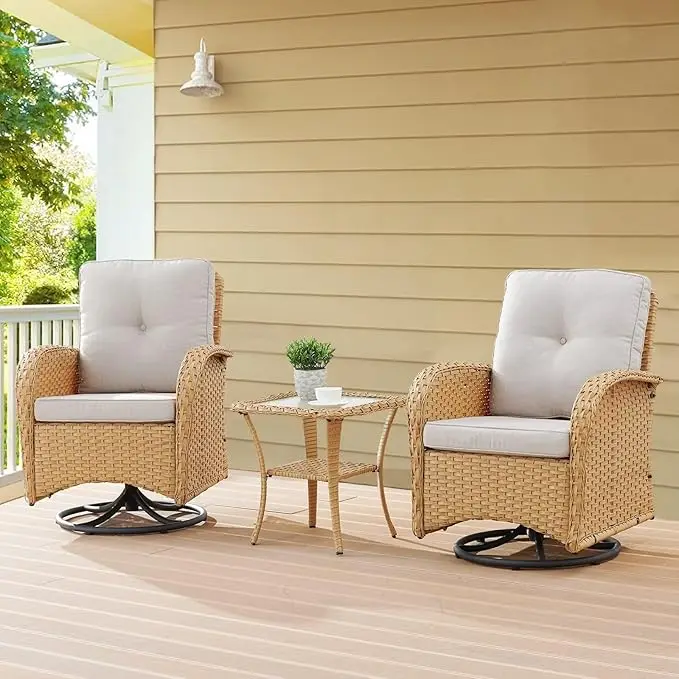 

Patio Furniture Set - Swivel Rocker Chair Bistro Set With Rattan Side Table, Natural Wicker/beige Cushion