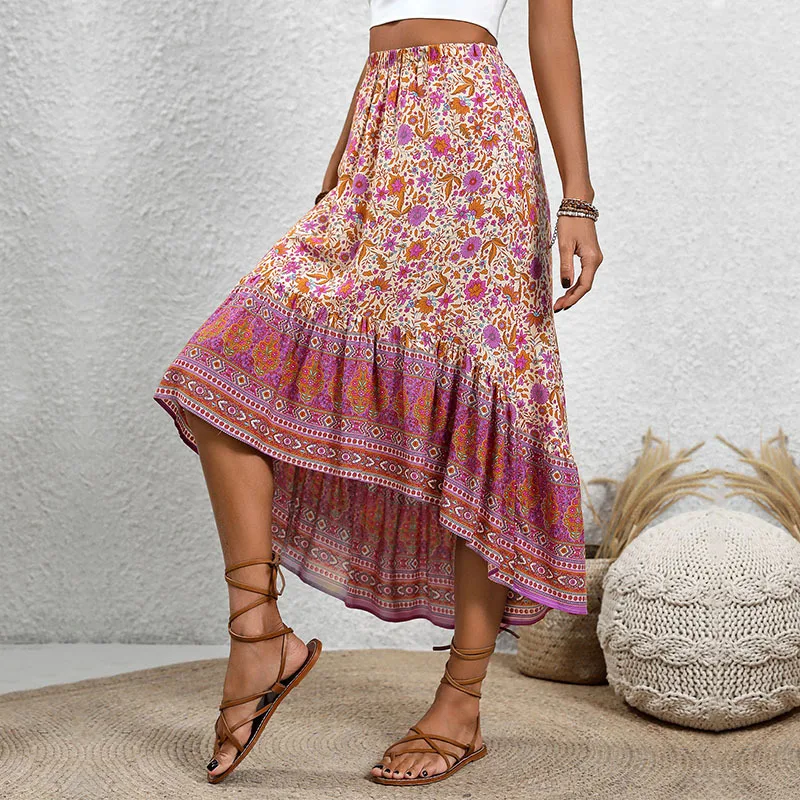 Summer New Women's Casual Bohemian Half Skirt Elegant Women's High Waist Positioning Printed Floral Asymmetric Half Skirt