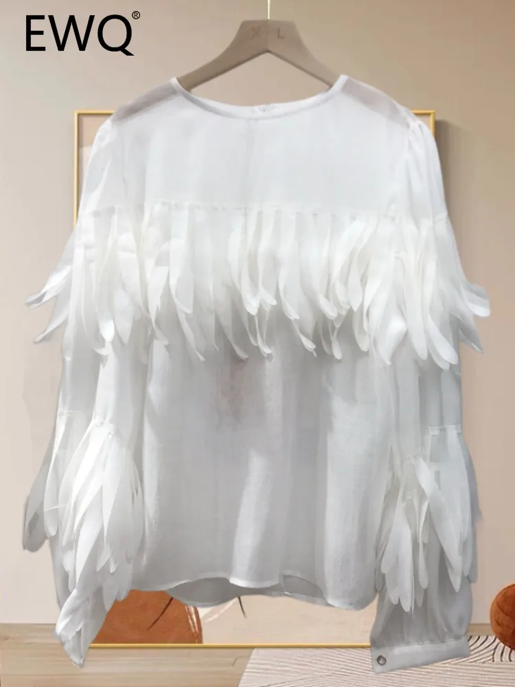 EWQ Sweet Style And Youth Woman Blouses Feather Tassel Solid Color O-neck Lantern Sleeve Shirt Spring Summer 2024 New 27SN5712