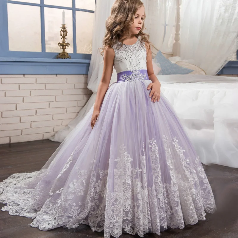 Robes de demoiselle d'honneur violettes avec ceinture à nœud, tulle, diamant blanc, princesse, mariage, anniversaire, banquet