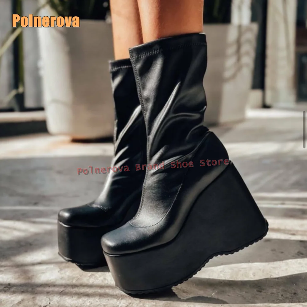 

Черные эластичные ботинки на танкетке с круглым носком и боковой молнией, однотонные модные ботинки до середины икры для девочек, уличный стиль, 2026, осень-весна