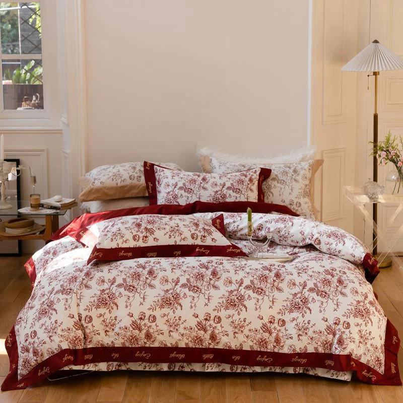 

2023 New Long Staple Cotton Embroidered Plain Color Four-piece Bedding Household Must Four Seasons Universal Bedding Red Color