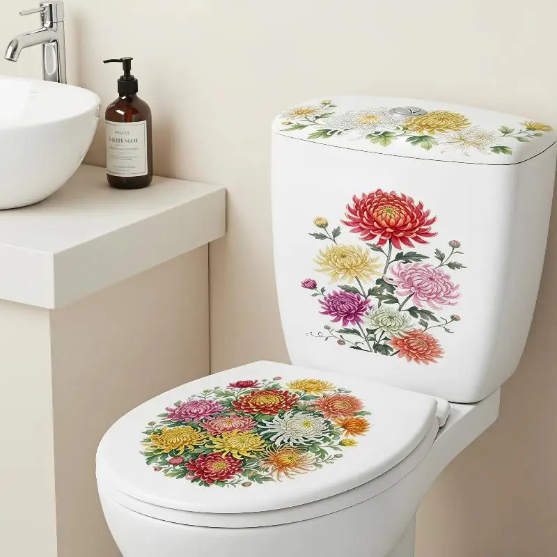 Waterproof Floral Toilet Decals Self Adhesive Fadeless Vivid Pattern Stickers for Small Bathroom Upgrade Decor