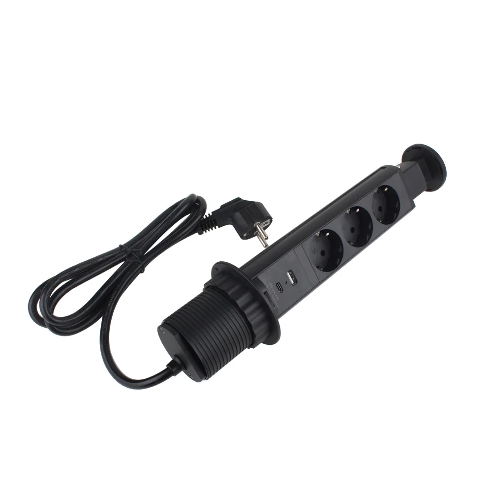 Retractable Recessed Electrical Power Strip with 3 Schuko Sockets, Black Socket with 60 mm Hole for Countertop and Desk, Hidden Plug for Kitchen, Office and Home, Elegant Design and Space-Saving, Ideal Modern Solution!