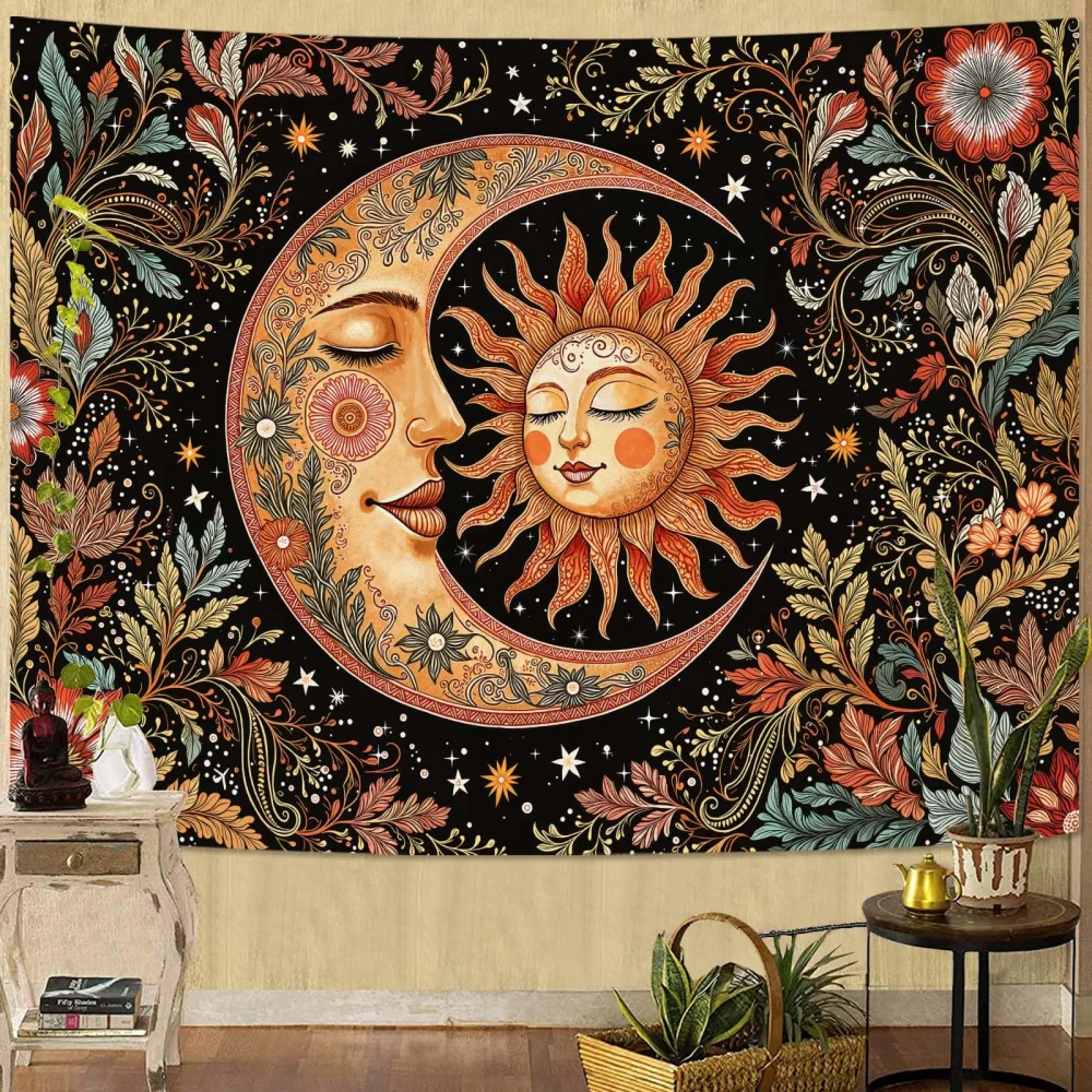 

VIKAMA Vintage Sun and Moon Tapestry Bohemian Hippie Living Room Bedroom Dormitory Wall Hanging Home Decor