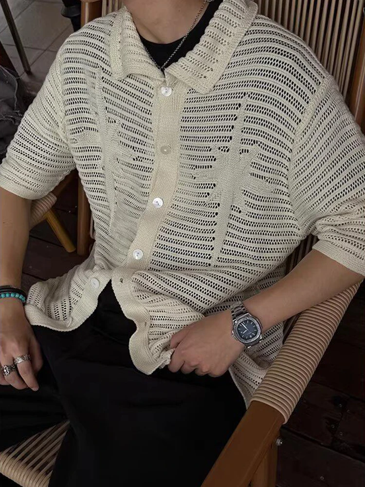 Lazy Style Hollow Out Breathable Knit Shirt Men 2026 Summer Stylish Men Buttoned Lapel Cardigan Tops Mens Vintage Knitted Shirts