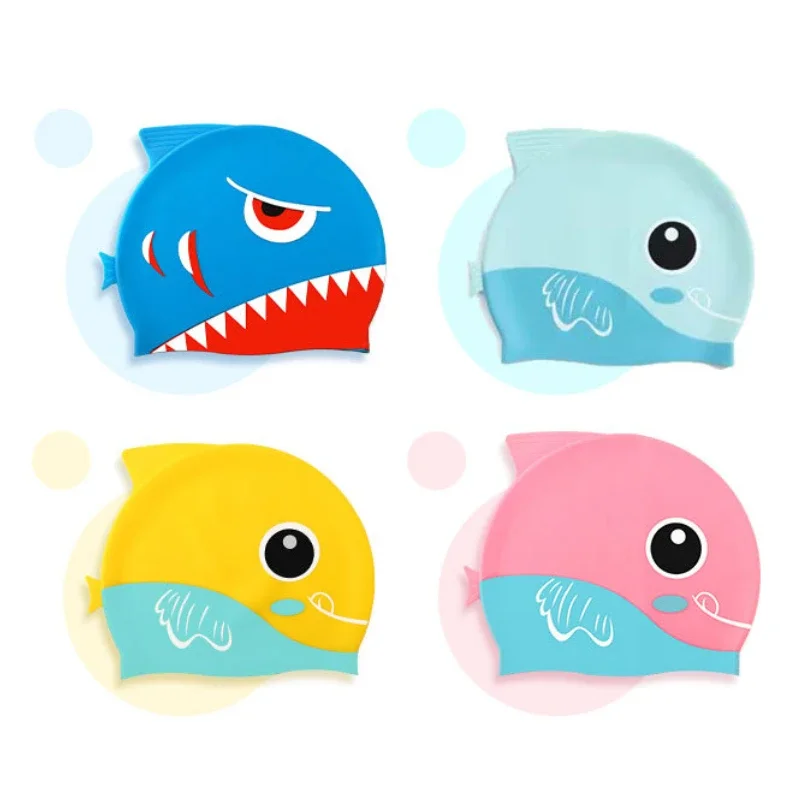 Cartoon Cute Fish Shark Shape Silicone Swimming Cap for Children Protect Ears Swim Hat for Boys Girls Swimming Pool Accessories
