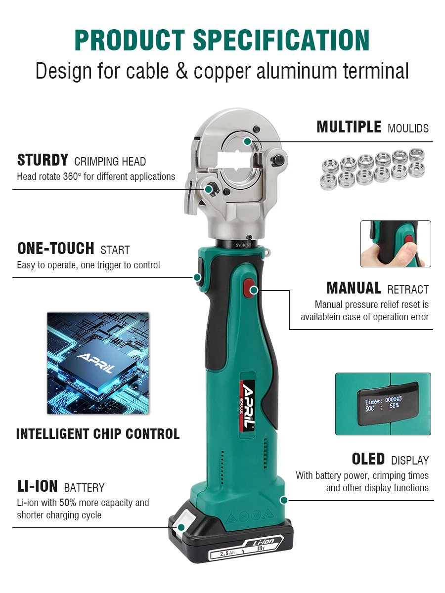 PA-300 High Power Hydraulic Mini Battery Powered Crimping Tool Li-ion Batteries Cable Press Rechargeable Tool Range 10-300mm²