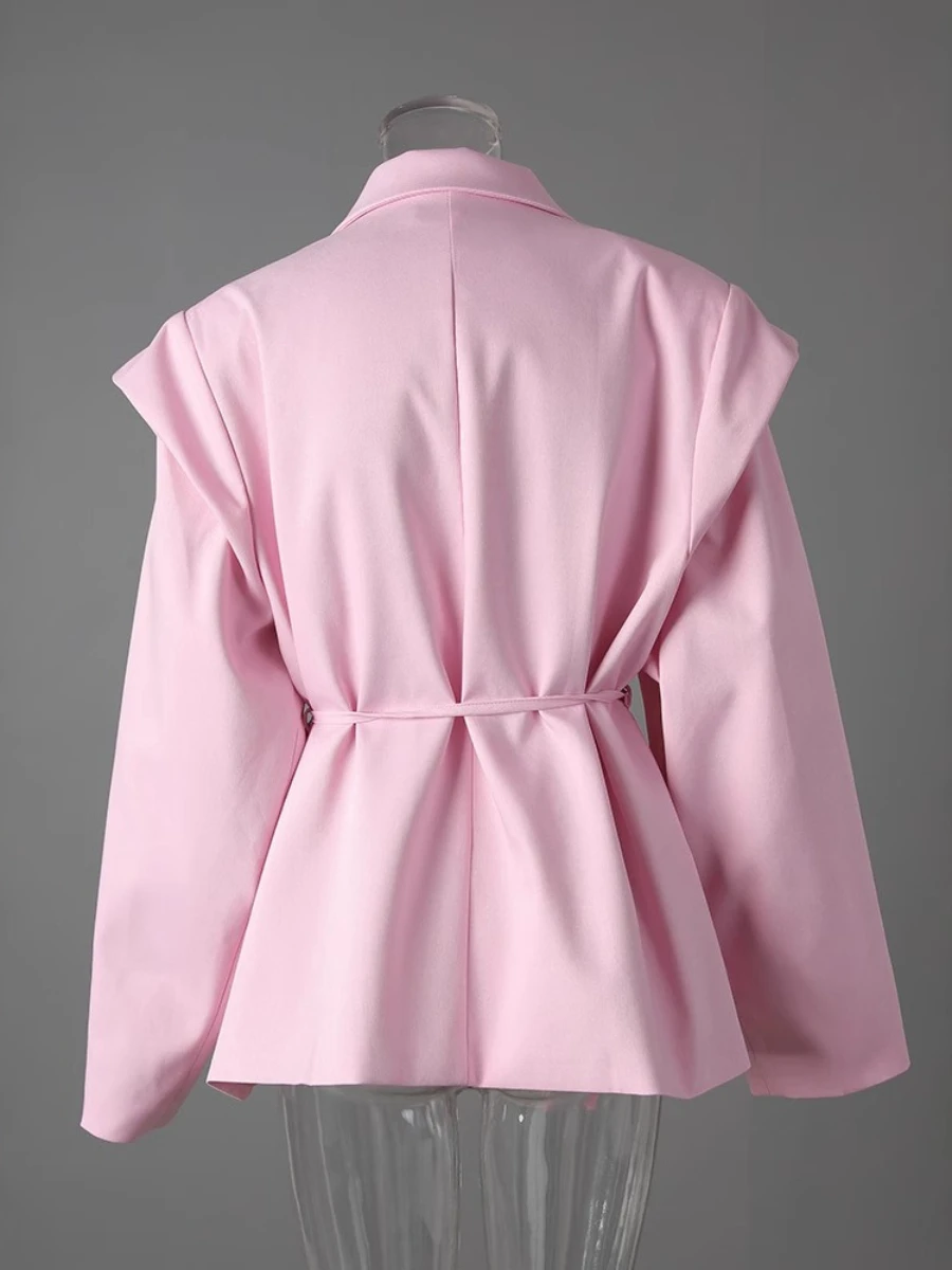 CHICEVER Solid Color Spliced Single Button Blazer for Women Notched Collar Long Sleeve Patchwork Lace Up Office Lady Coat Female