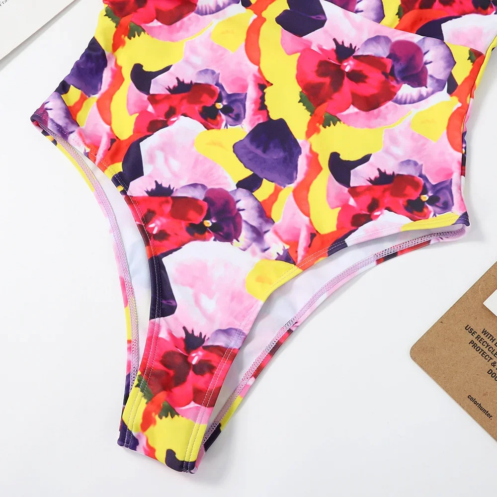 Maillot de bain dos nu à volants floraux pour femmes, bikini à col en V, maillots de bain une pièce, monokini brésilien, tenue de plage, vacances d'été