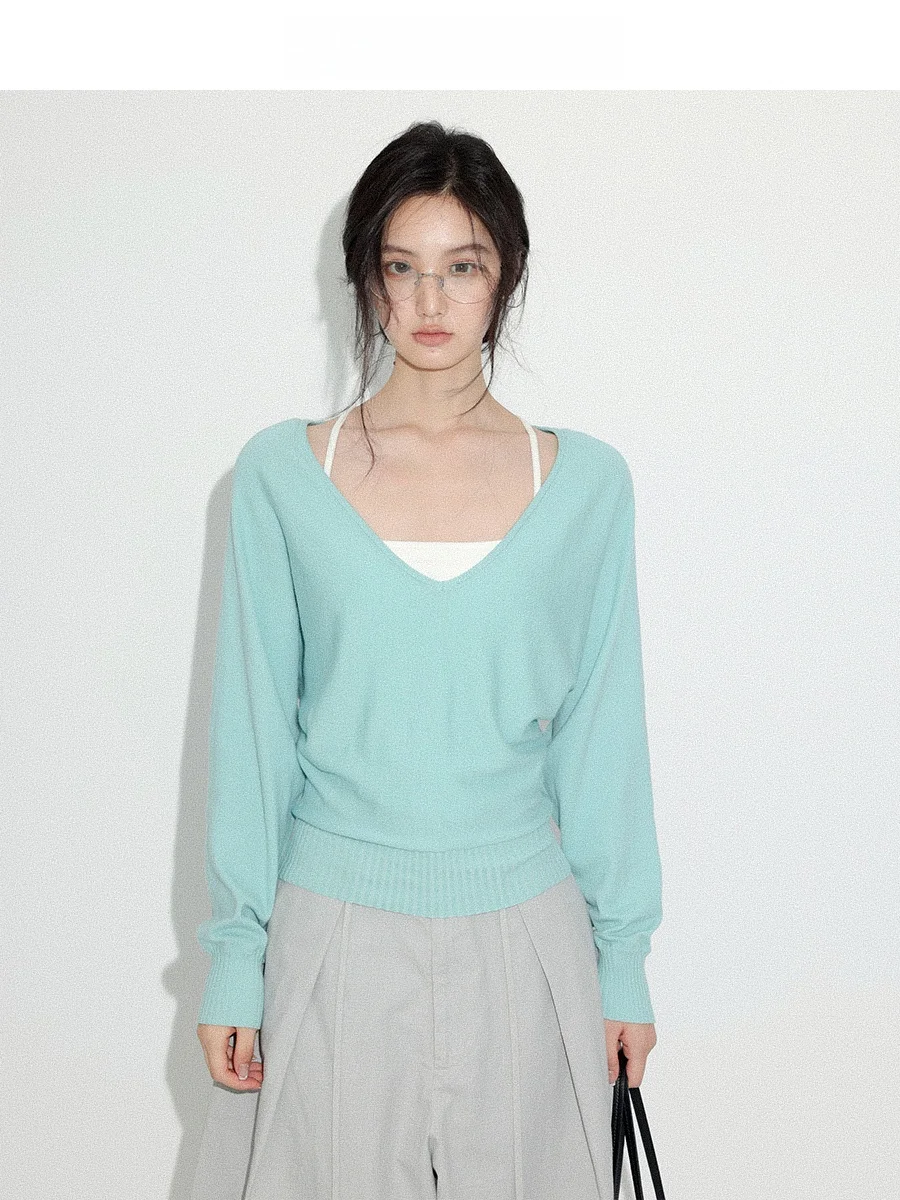 

CHACHASTU Простой крупный вязаный джемпер с V-образным вырезом и длинными рукавами для женщин, осенне-зимний, универсальный, для повседневной носки, маленький размер, многослойный топ