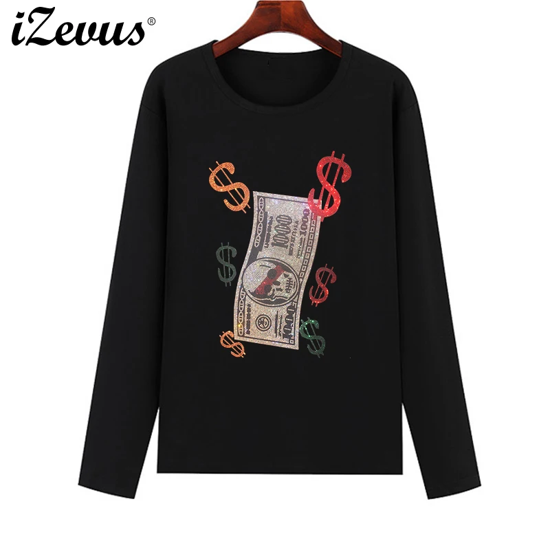 New women's fall and winter long-sleeved casual T-shirt Creative US dollars diamond figure high-quality T-shirt S-4XL