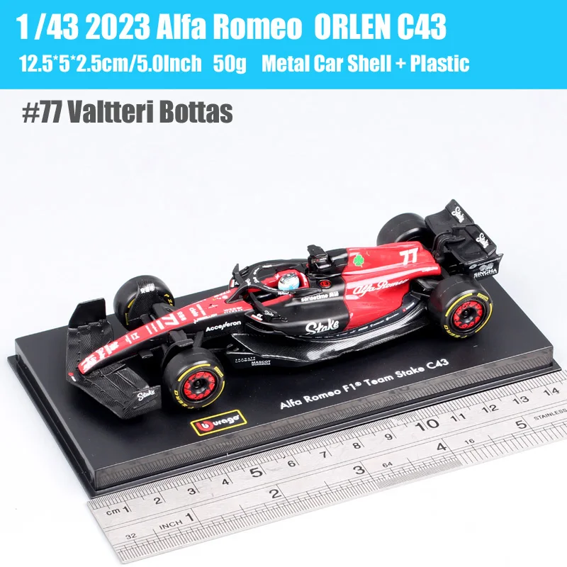 ブラーゴ 1/43スケール 2023 アルファロメオ オルレン C43 # 77 ヴァルテリ・ボッタス GP レーシングカー モデル ダイキャスト＆おもちゃの乗り物 ヘルメット アクリルボックス