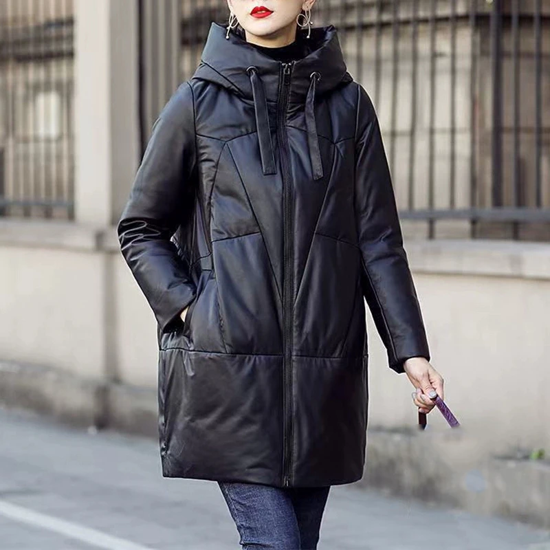 Parka da neve addensato Giacca invernale in pelle PU con cappuccio calda da donna Cappotto lungo allentato nero Capispalla in pelle di cotone di lusso antivento