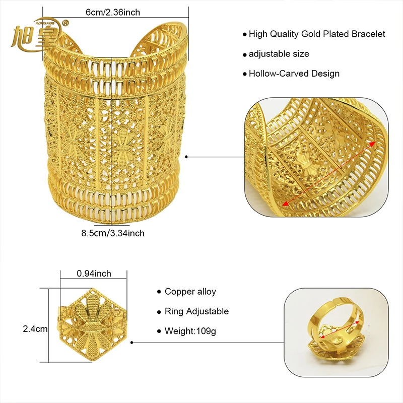 XUHUANG Dubai Ethiopia 24K Gold Color Hollow Bangle With Ring For Women Arabic Luxury Charm Copper Bangles Party Jewelry Gifts