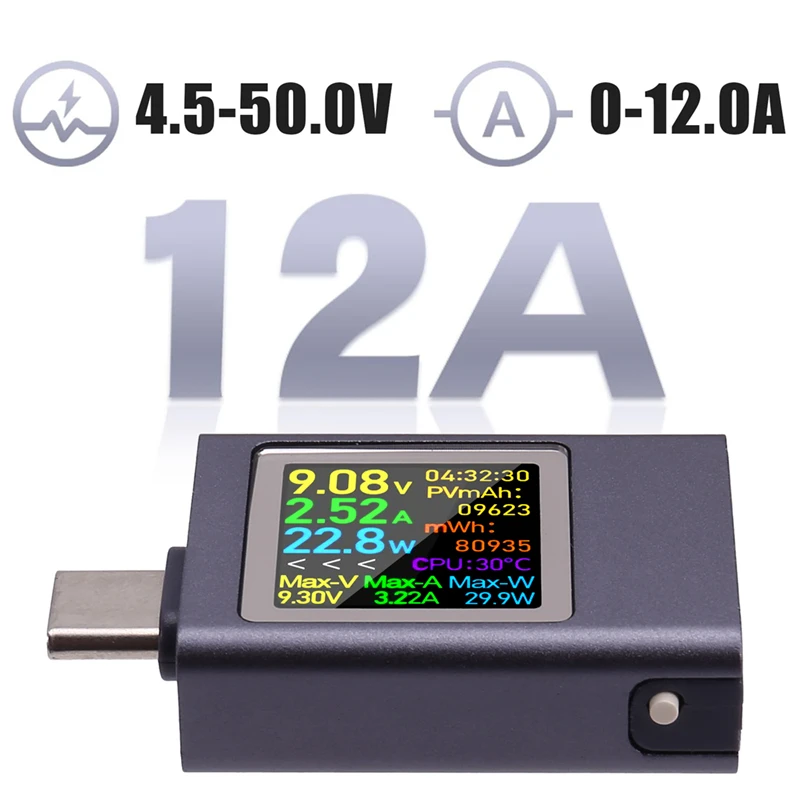 DC4.5-50V 0-12A PD3.1 Multi-Function Digital Display DC Voltage Ammeter Power Meter Type-C Cell Phone Charging Tester