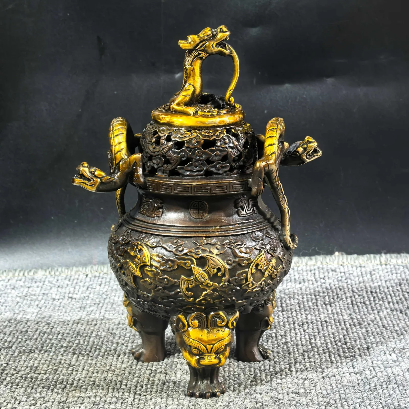 Ming Xuande Gilded Bronze Tripod Censer Double Ears 