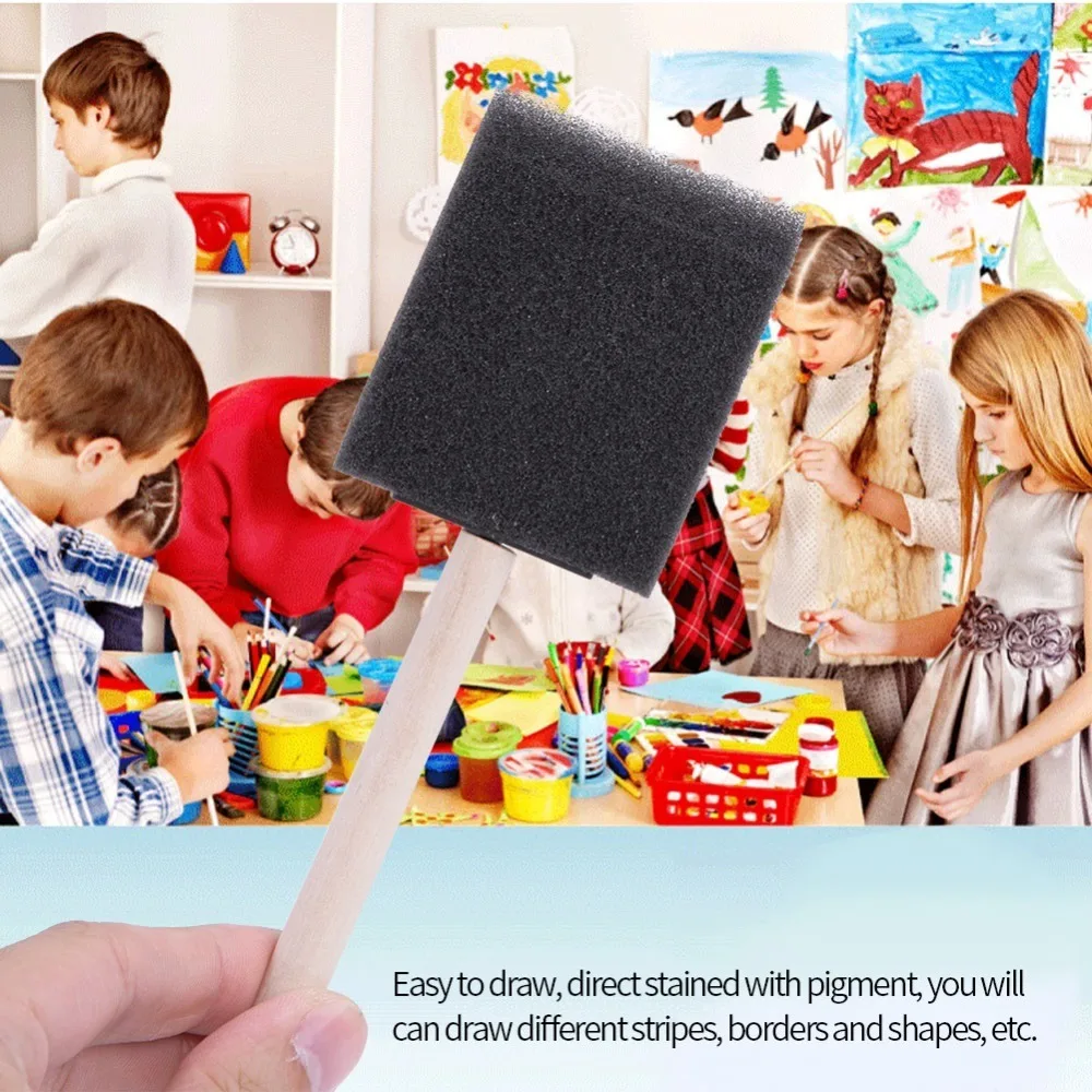 4PCS Handy Black Foam Sponge Brush Wooden Handle Soft Painting Sponge Brush Multi-Purpose Brush Graffiti Making