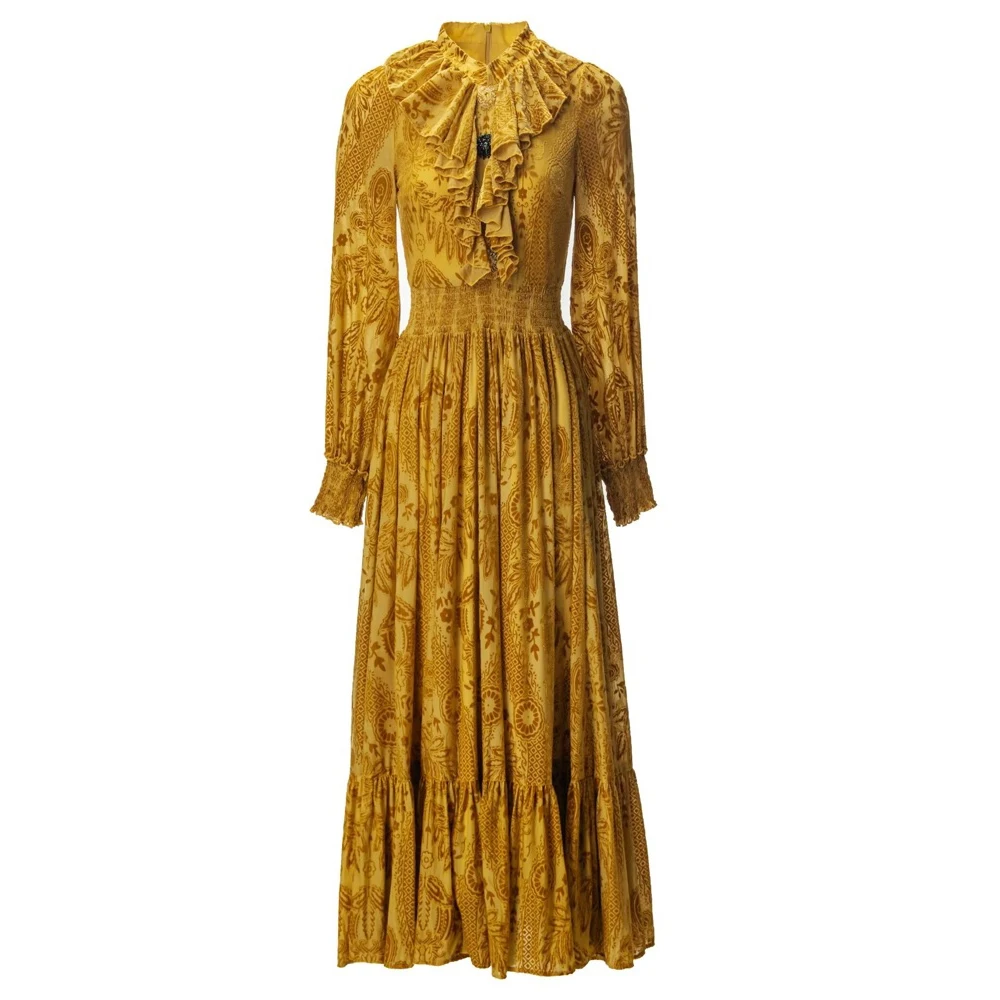 

Meyyithun Women's Dress High-end Noble Velvet Floral Long-sleeved Oversized Hem Slimming Dress Elegant Long Dress Party Prom