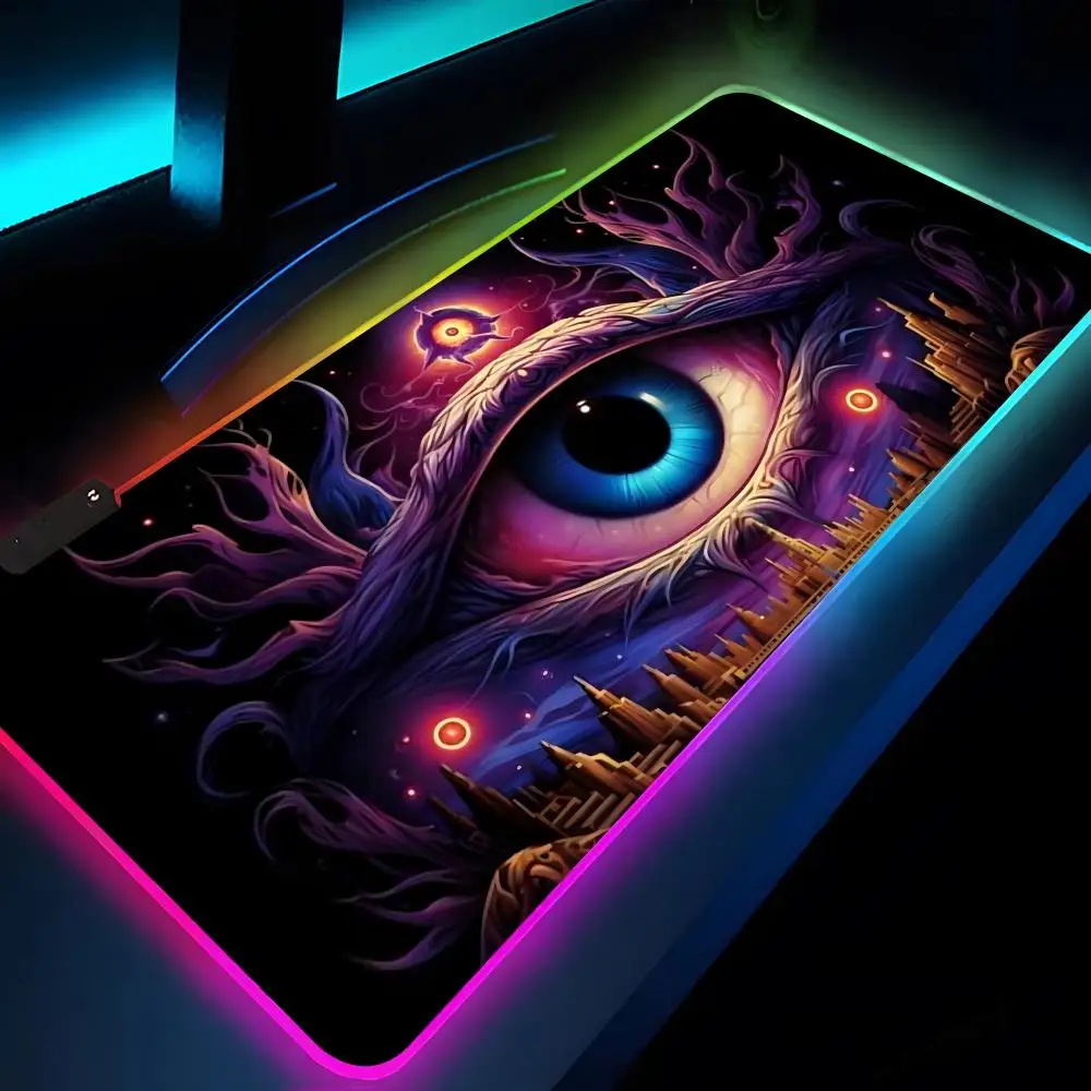 Trippy Psychedelic Mushrooms Eye Mouse Pad Rgb Xxl Laptop Mat Gaming Mousepad Backlit Keyboard Gamer Girl Table Pads Desk