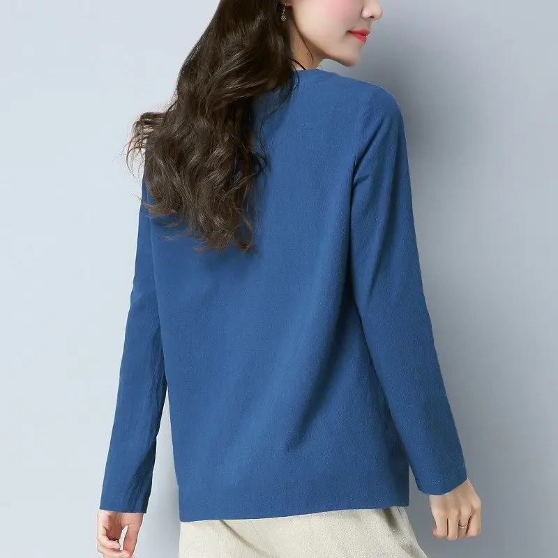 Blue O-neck Slim Long Sleeved T-shirts Fashion Casual Straight Spring Autumn Patchwork Pockets Solid Color Women\'s Clothing 2022