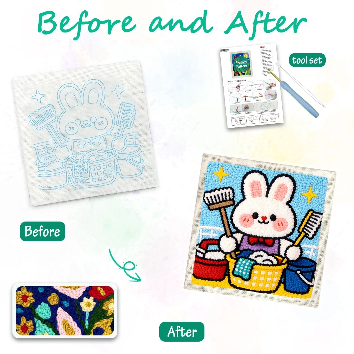 1 Set Hasen-Reinigungs-DIY-Stickerei-Set für Anfänger, Stickerei-Starter-Kit, Kreuzstich-Kunstgeschenk, Nadelarbeiten – Detail 2