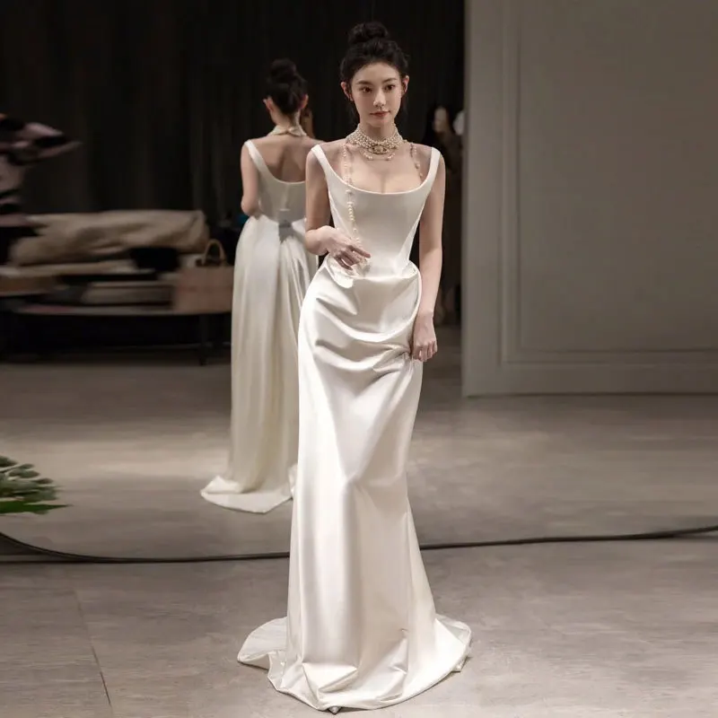 

Wedding Dress Bride French Simple Elegant Satin Strap Outdoor Veil Mermaid Reception Gown