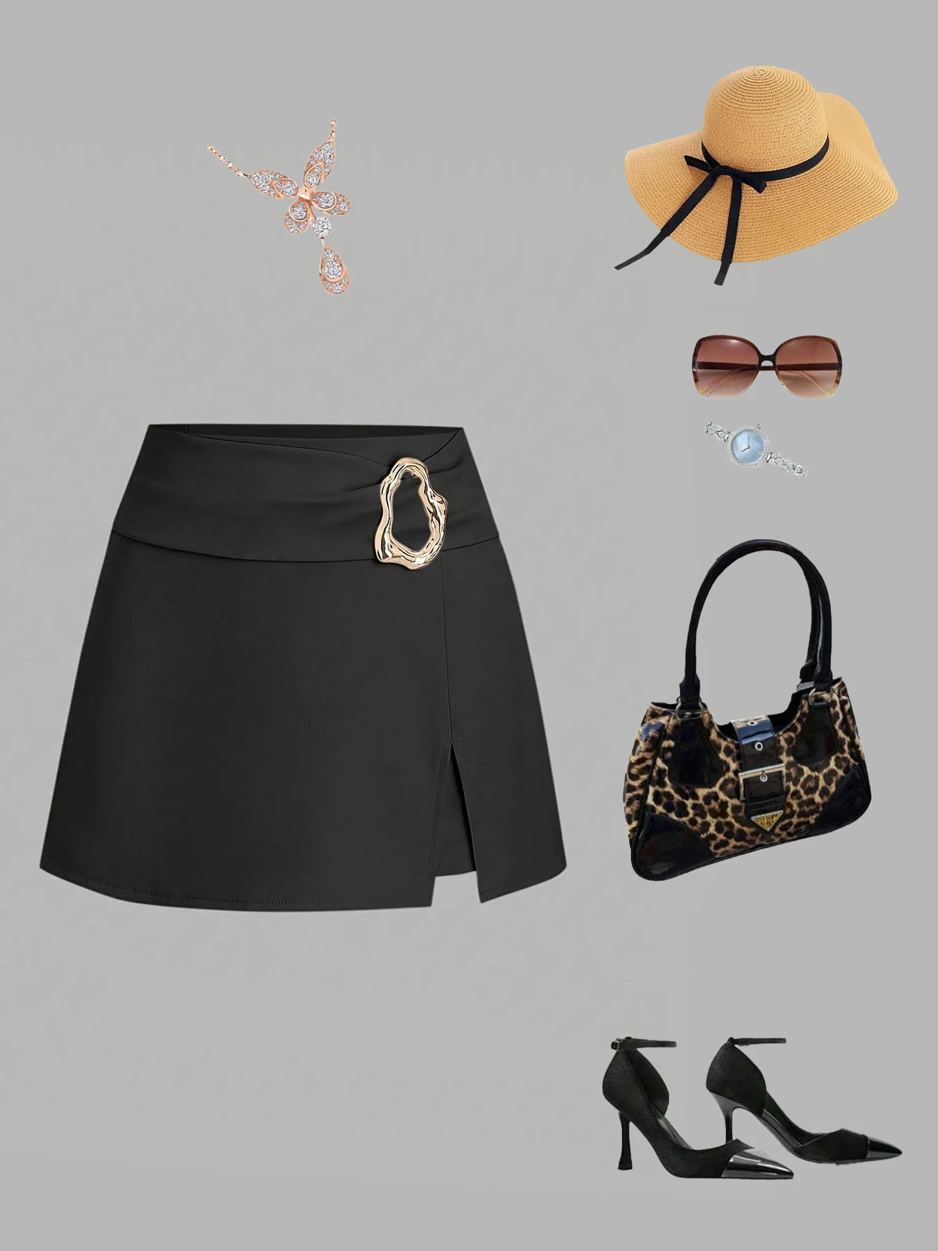 

Женская черная мини-юбка с высокой талией, разрезом спереди и металлической пряжкой на поясе, весна-лето, офисная, элегантная, повседневная