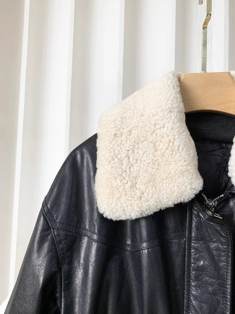 Kurtka damska retro z woskowanej skóry bydlęcej z wyjmowanym wkładem z puchu gęsiego, gruby płaszcz zimowy, ciepła, z prawdziwej skóry, średniej długości odzież wierzchnia.