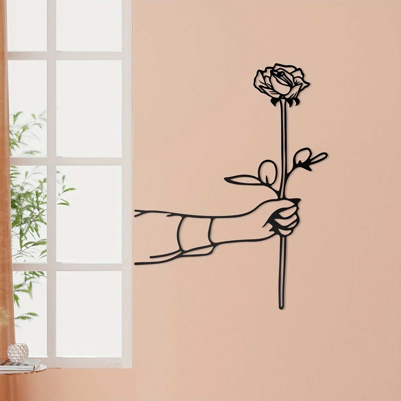 Metal Handheld Rose Black Home Decor, Minimalist Line Drawing Wall Pendant, Creative Quirky Art Wall Sculpture, Kitchen Bathroom