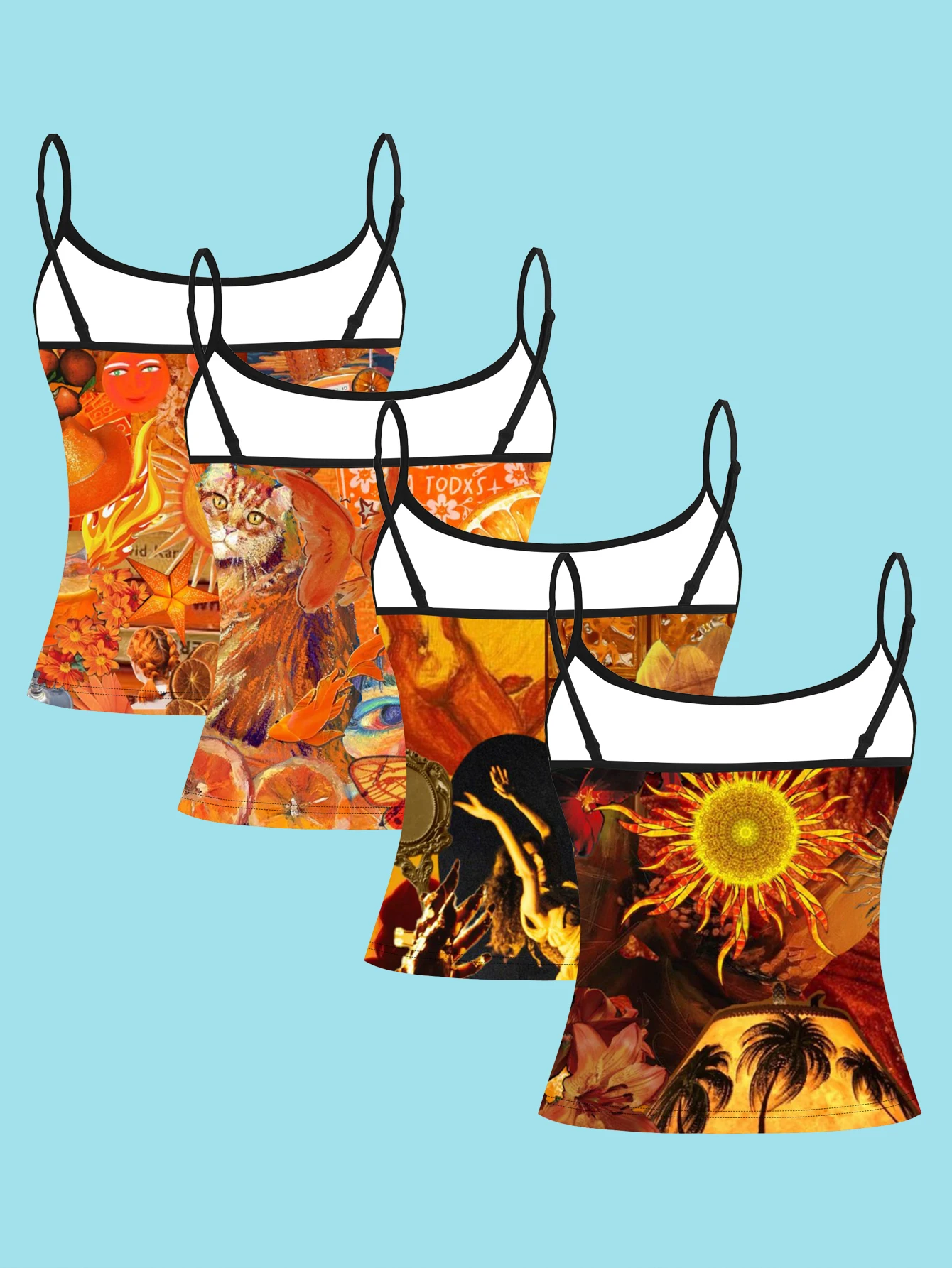 4-Piece Set of Warm Orange Vintage Collage Print Camisoles for Women, Featuring Cat, Orange, Sun, and Portrait Art, Slim-Fit Spaghetti Strap Tops