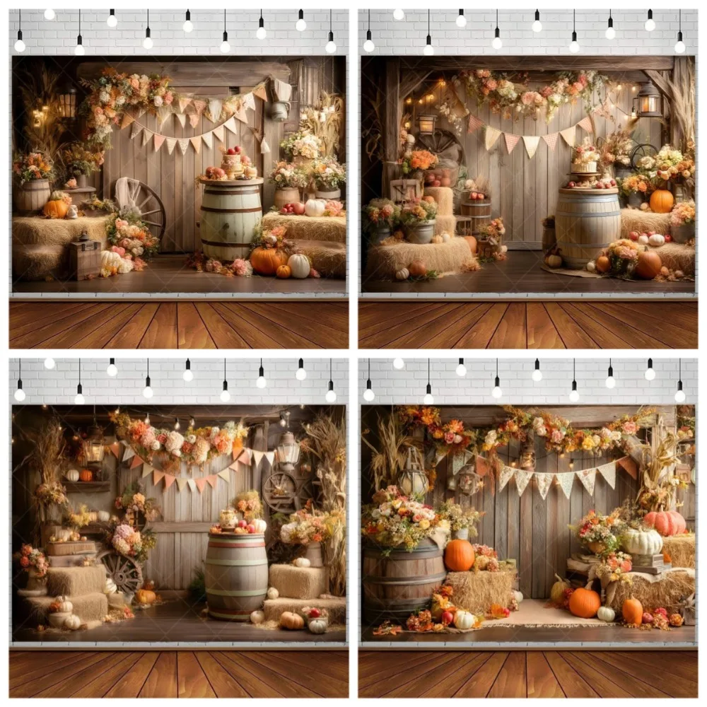 

Rural farm barn shooting background, wooden barrel hut, haystack, cake, pumpkin, children's birthday party shooting background
