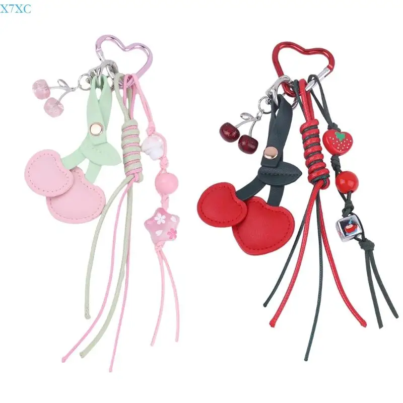

X7XC Artistic Cherry Purse Charm Delicate Bag Pendant Stylish Braided Rope keyring for Women Compact Fashion Jewelry Gift