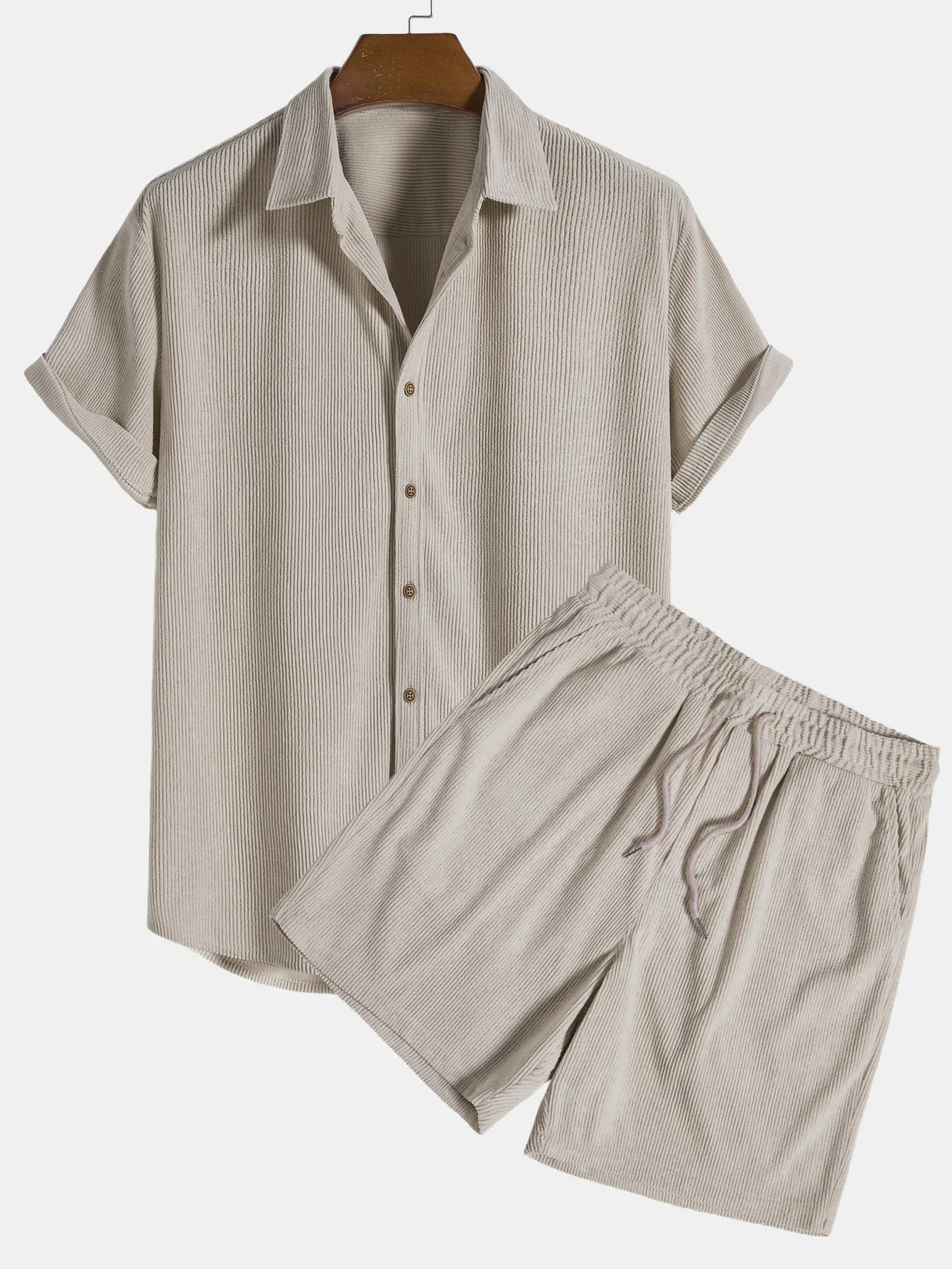 Chemise boutonnée en velours côtelé à manches courtes pour hommes avec poche, short à cordon de proximité, tenues décontractées basiques, document solide, nouveau, ensemble 2 pièces