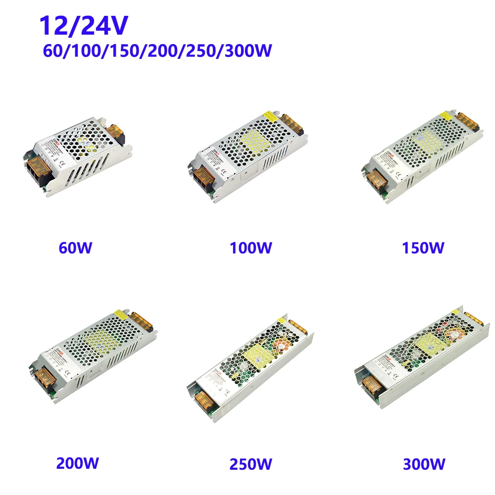 

12V/24V 60W-250W LED Power Supply include AC to DC Lighting Transformer Driver Converter for Indoor LED Light Strip