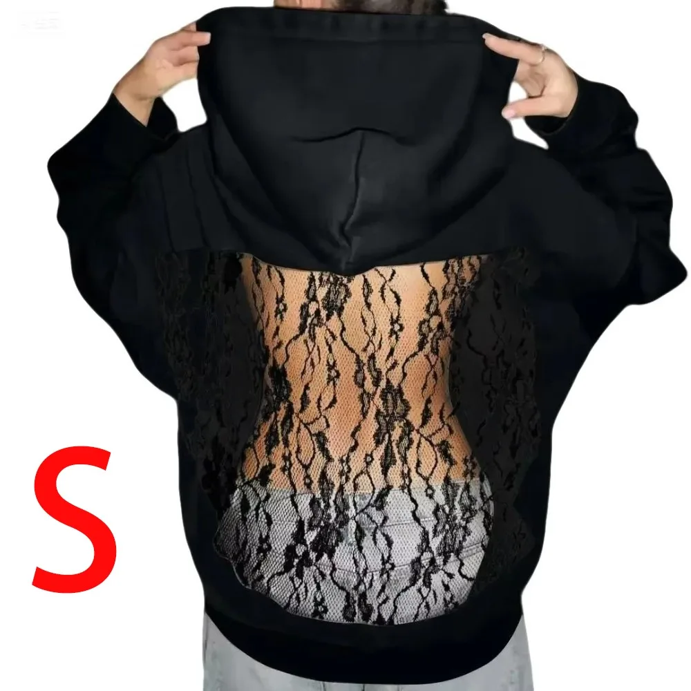 

Gothic Women's Backless Hoodie Flowers Y2K Fashionable Translucent Pullover Backless Openwork Mesh Sweatshirt Lace