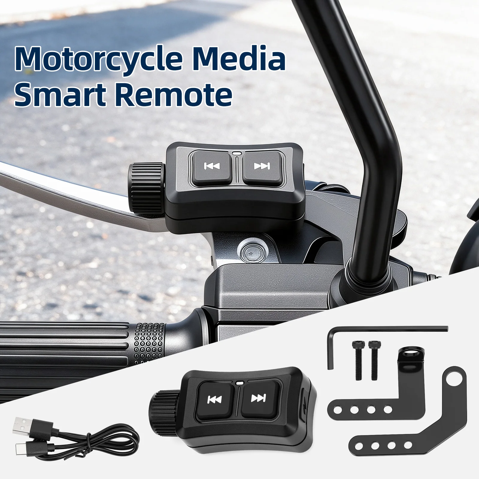 Motorcycle Wireless Bluetooth-compatible  Media Button, Handlebar Mount Remote Controller for Music Skip, Volume Adjust